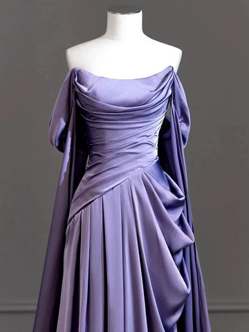 Niulatu Purple A-Line Off Shoulder Satin Long Prom Dress Formal Evening Dress HZ1026